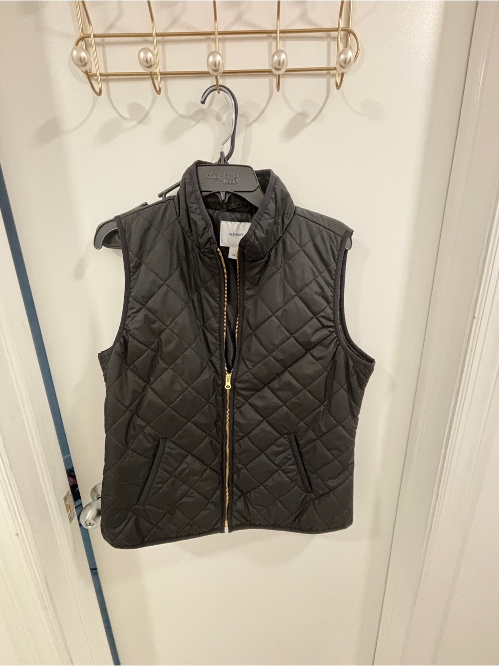 Old Navy Black Quilted Zip-Up Vest with Gold Hardware
